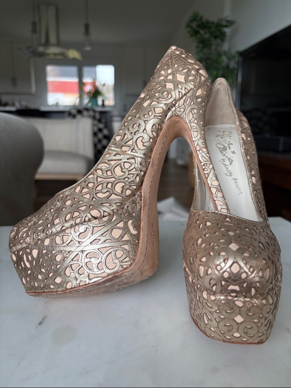 Alice + Olivia Metallic Rose Gold Laser-Cut Platform Pumps